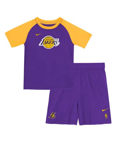 Nike Kids' Big Boys And Girlsâ 2-piece Purple Los Angeles Lakers Practice T-shirt And Shorts Set