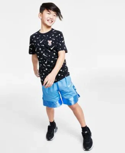 Nike Kids' Big Boys Sportswear Printed T Shirt Elite Dri Fit Basketball Shorts Flex Runner 2 Slip On Running Sn In Black,white