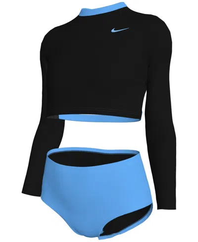 Nike Kids' Big Girls Long-sleeve Crop Top & High-waist Swim Bottom Swimsuit, 2 Piece Set In Black