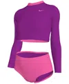 Nike Big Girls Long-sleeve Crop Top & High-waist Swim Bottom Swimsuit, 2 Piece Set In Hyper Pink