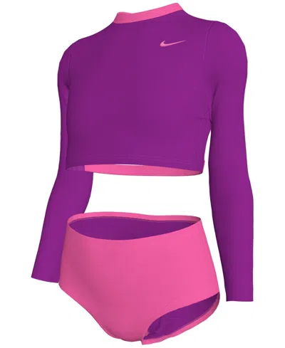 Nike Kids' Big Girls Long-sleeve Crop Top & High-waist Swim Bottom Swimsuit, 2 Piece Set In Hyper Pink