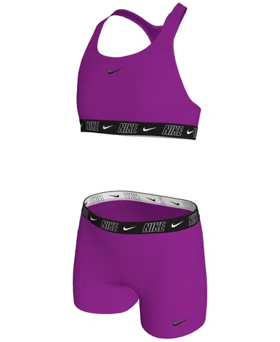 Nike Kids' Big Girls Racerback Top & Shorts Swimsuit, 2 Piece Set In Vivid Purp