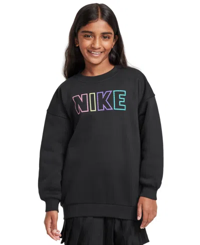 Nike Kids' Big Girls Sportswear Club Fleece Oversized Block Logo Crewneck Sweatshirt In Black