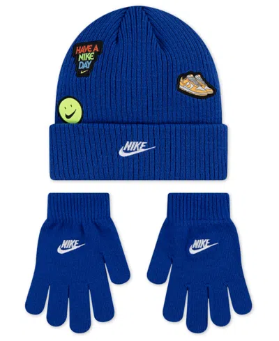Nike Big Kids 2-piece Patch Peak Beanie And Gloves Set In Blue