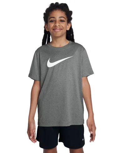 Nike Big Kids' Legend Swoosh-logo Crewneck Dri-fit T-shirt In Smoke Grey