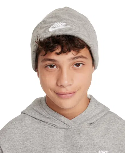 Nike Big Kids Peak Logo Embroidered Ribbed-knit Beanie In D Gr H,whi