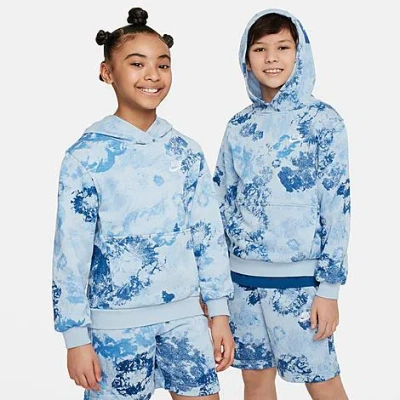 Nike Big Kids' Sportswear Club Fleece Allover Wash Hoodie In Light Armory Blue/white