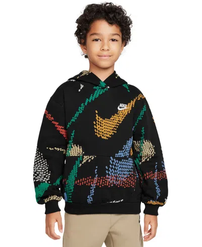 Nike Big Kids Sportswear Printed Club Fleece Hoodie In Black,whit