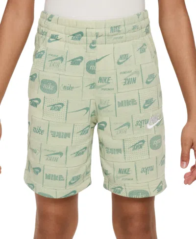 Nike Big Kids Sportswear Printed Club French Terry Shorts In Olive Aura,white