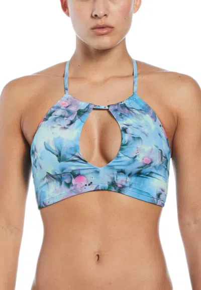 Nike Bikini Top Women's Aqua Floral Keyhole Neck Tie Back Swimwear Srt164 In Blue