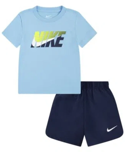 Nike Babies' Boys 2t 7 Crewneck T Shirt Woven Shorts 2 Piece Set In Blue