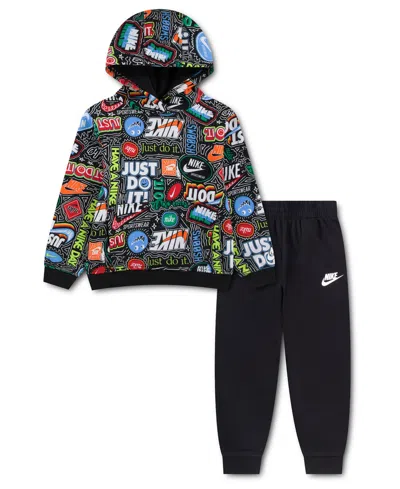 Nike Kids' Boys' 4-7 Fleece Printed Hoodie And Joggers, 2-piece Set In Black