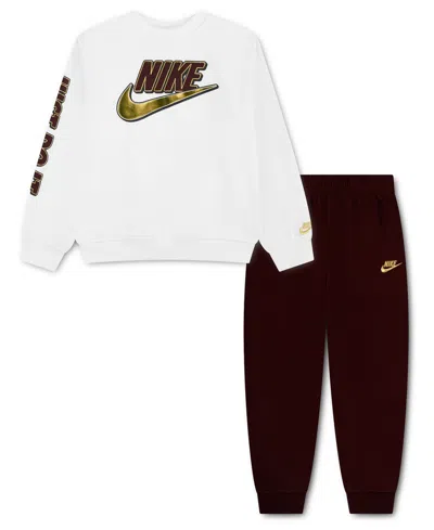 Nike Kids' Boys' 4-7 Frost Futura Long-sleeve Fleece Top And Pants, 2-piece Set In White