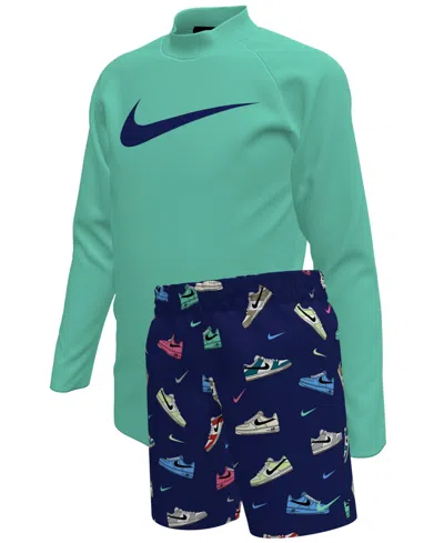 Nike Kids' Boys 4-7 Multi Sneaker Rash Guard Top And Swim Shorts, 2-piece Set In Green