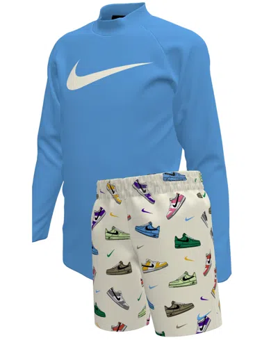 Nike Kids' Boys 4-7 Multi Sneaker Rash Guard Top And Swim Shorts, 2-piece Set In Blue