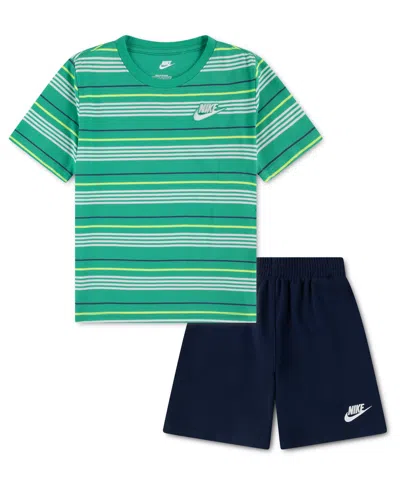 Nike Kids' Boys' 4-7 Striped Short-sleeve T-shirt And French Terry Shorts, 2-piece Set In Green