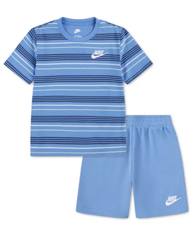 Nike Kids' Boys' 4-7 Striped Short-sleeve T-shirt And French Terry Shorts, 2-piece Set In Blue