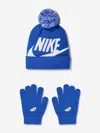 Nike Boys Swoosh Pom Beanie And Glove Set In Blue