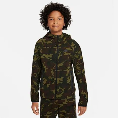 Nike Kids'  Boys' Tech Fleece Camo Full-zip Hoodie Size Large Cotton/polyester/fleece In Black/sequoia/black