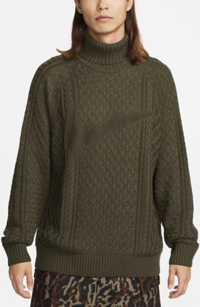 Nike Men's Life Cable Knit Turtleneck Sweater In Cargo Khaki