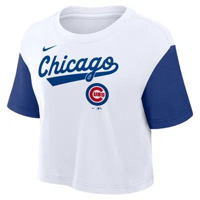 Nike Chicago Cubs Script  Women's Dri-fit Mlb Cropped T-shirt In White