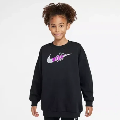 Nike Club Big Kid Girls Crew Neck Fleece Long Sleeve Sweatshirt In Black