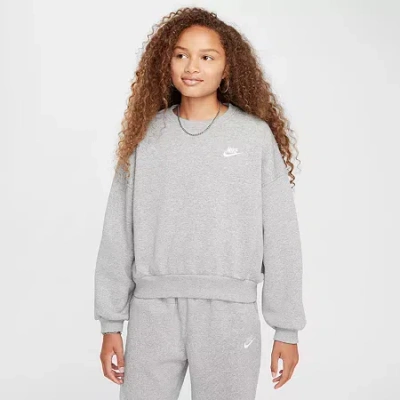 Nike Club Big Kid Girls Crew Neck Fleece Long Sleeve Sweatshirt In Gray