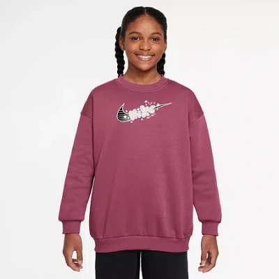 Nike Club Big Kid Girls Crew Neck Fleece Long Sleeve Sweatshirt In Brown
