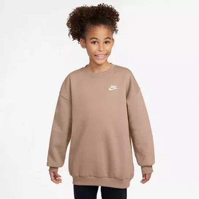 Nike Club Big Kid Girls Crew Neck Fleece Long Sleeve Sweatshirt In Brown