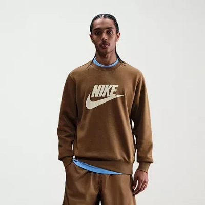 Nike Club Fleece Mens Crew Neck Long Sleeve Sweatshirt In Brown