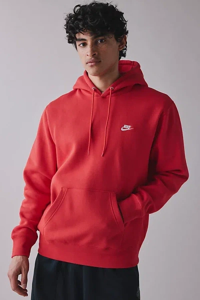 Nike Club Logo Fleece Pullover Hoodie Sweatshirt In University Red, Men's At Urban Outfitters