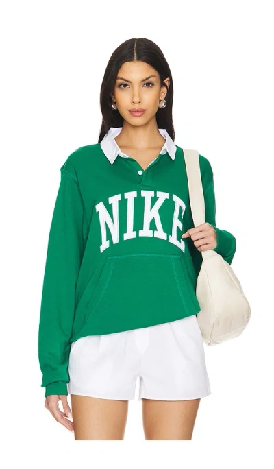 Nike Club Long Sleeve Polo Sweatshirt In Malachite & White