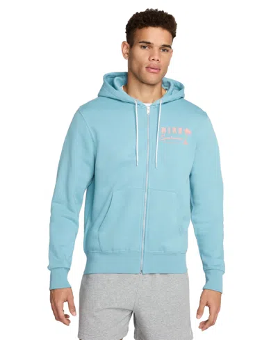 Nike Club Men's Double Layer Zip-front Fleece Logo Hoodie In Denim Turquoise/red Stardust/red Stardust