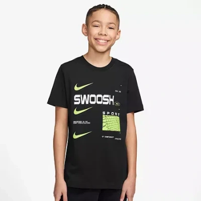 Nike Club Swoosh Big Kid Unisex Crew Neck Short Sleeve Classic Fit Graphic T-shirt In Black