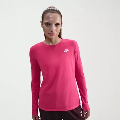 Nike Club Womens Crew Neck Long Sleeve Active T-shirt In Pink