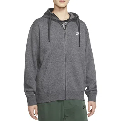 Nike Club Zip-up Logo Hoodie In Charcoal Heather/white