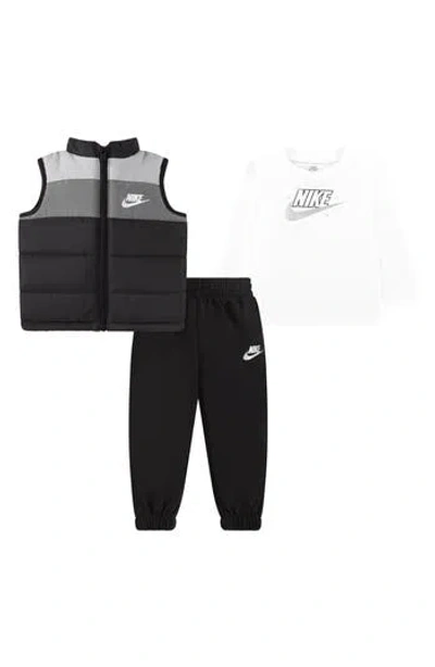 Nike Babies'  Colorblock Puffer Vest, Long Sleeve Tee & Joggers Set In Black