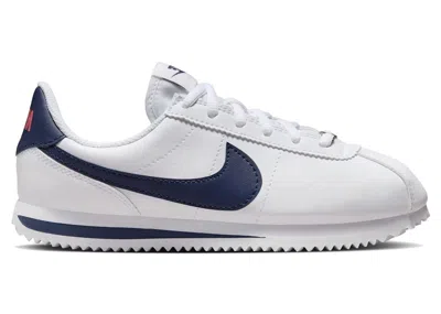 Pre-owned Nike Cortez Basic Neutral Indigo Sneakers In White/habanero Red/metallic Silver