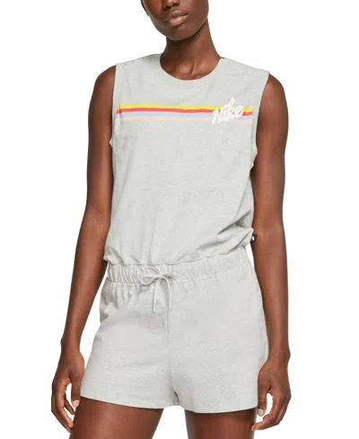 Nike Cotton Striped Romper In Gray Heather/night Silver/white