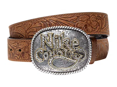 Pre-owned Nike Country Rhinestone Plaque Buckle Leather Belt In Tan/beige In Brown