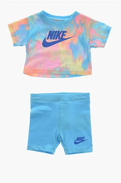 Nike Crew-neck T-shirt And Biker Shorts Set With Printed Logo In Blue