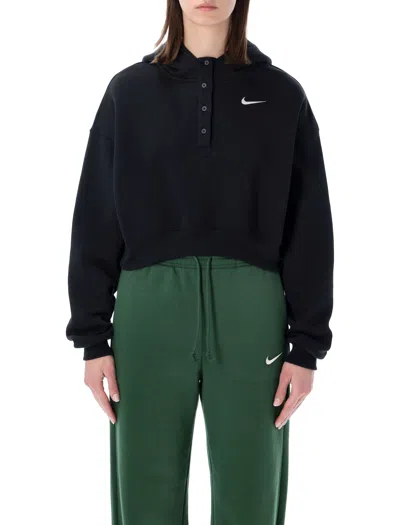 Nike Cropped Oversized Sweatshirt With Henley Placket And Hood In Black