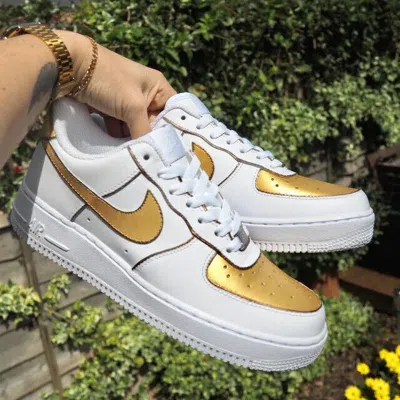 Pre-owned Nike Custom Air Force 1 "metallic Gold Bronze Outline" Shoes Sneakers Mens Women In White
