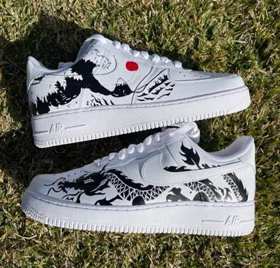 Pre-owned Nike Custom  Air Force 1 White, Great Wave And Dragon Custom Shoes, Custom Af1