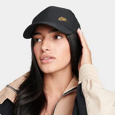 Nike Dri-fit Club Structured Metal Logo Strapback Hat In Black/metallic Gold