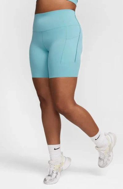 Nike Dri-fit High Waist Bike Shorts In Denim Turquoise/black