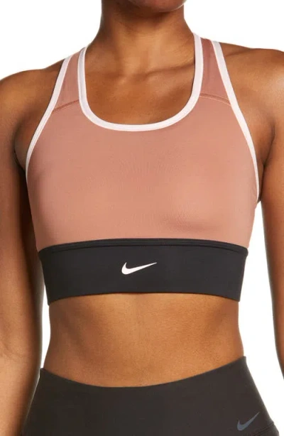 Nike Dri-fit Swoosh Padded Longline Sports Bra In Mineral Clay/atmosphere