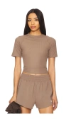 Nike Dri-fit Wide Ribbed Short Sleeve Top In Mink Brown & White