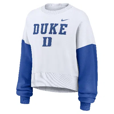 Nike Women's White Duke Blue Devils Color-block Oversized Cropped Pullover Sweatshirt