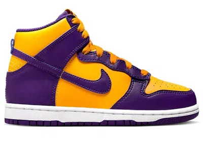 Pre-owned Nike Dunk High Lakers Sneakers In Court Purple/university Gold/white